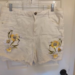 Boston Proper white denim shorts with yellow flower appliques